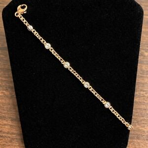 MC Gold Tone‎ Diamond Cut Link Bracelet with Crystal Accents Adjustable 8.5 Inch